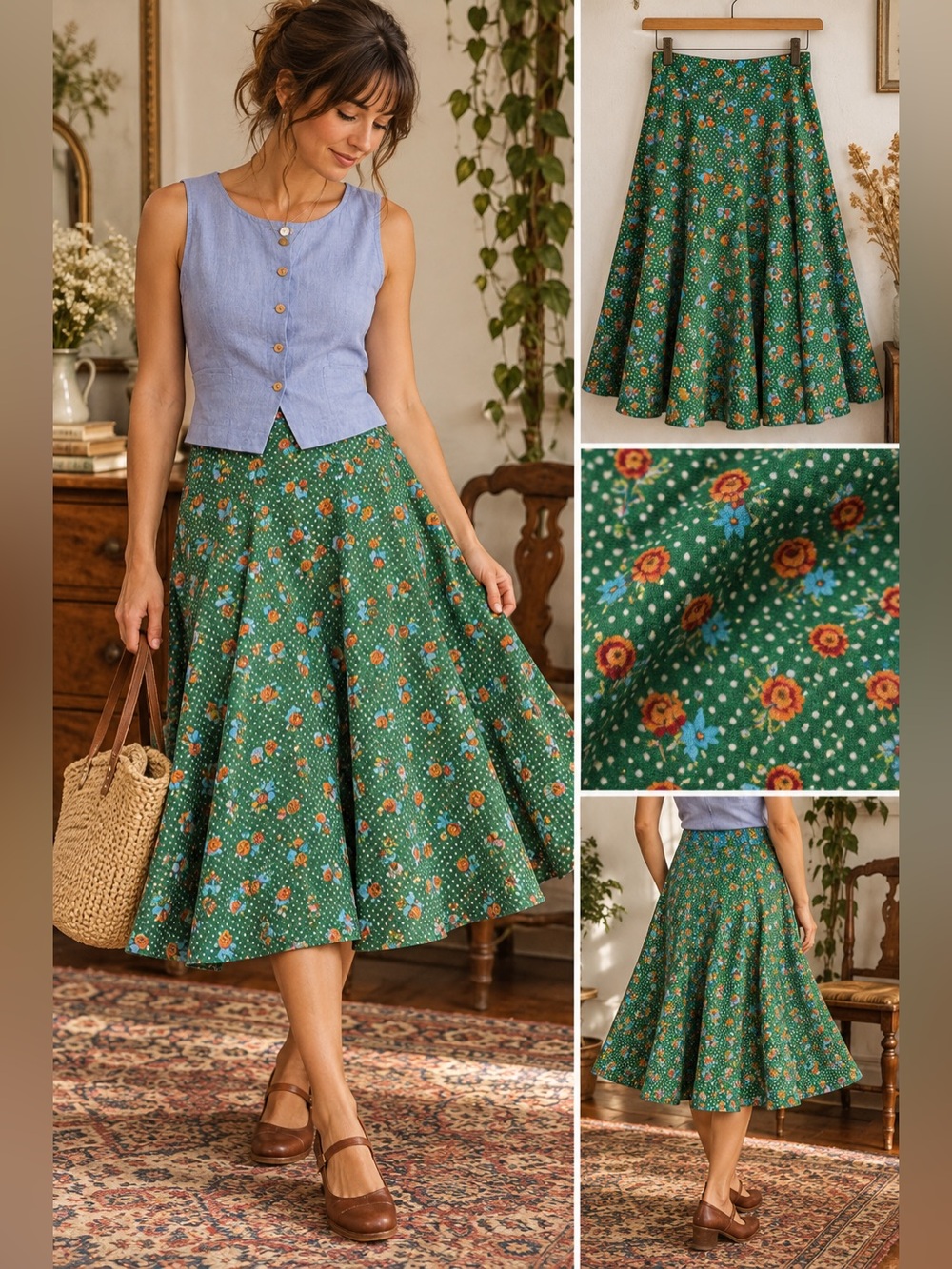 TULIP B | Vintage Inspired Green Floral A-Line Midi Skirt